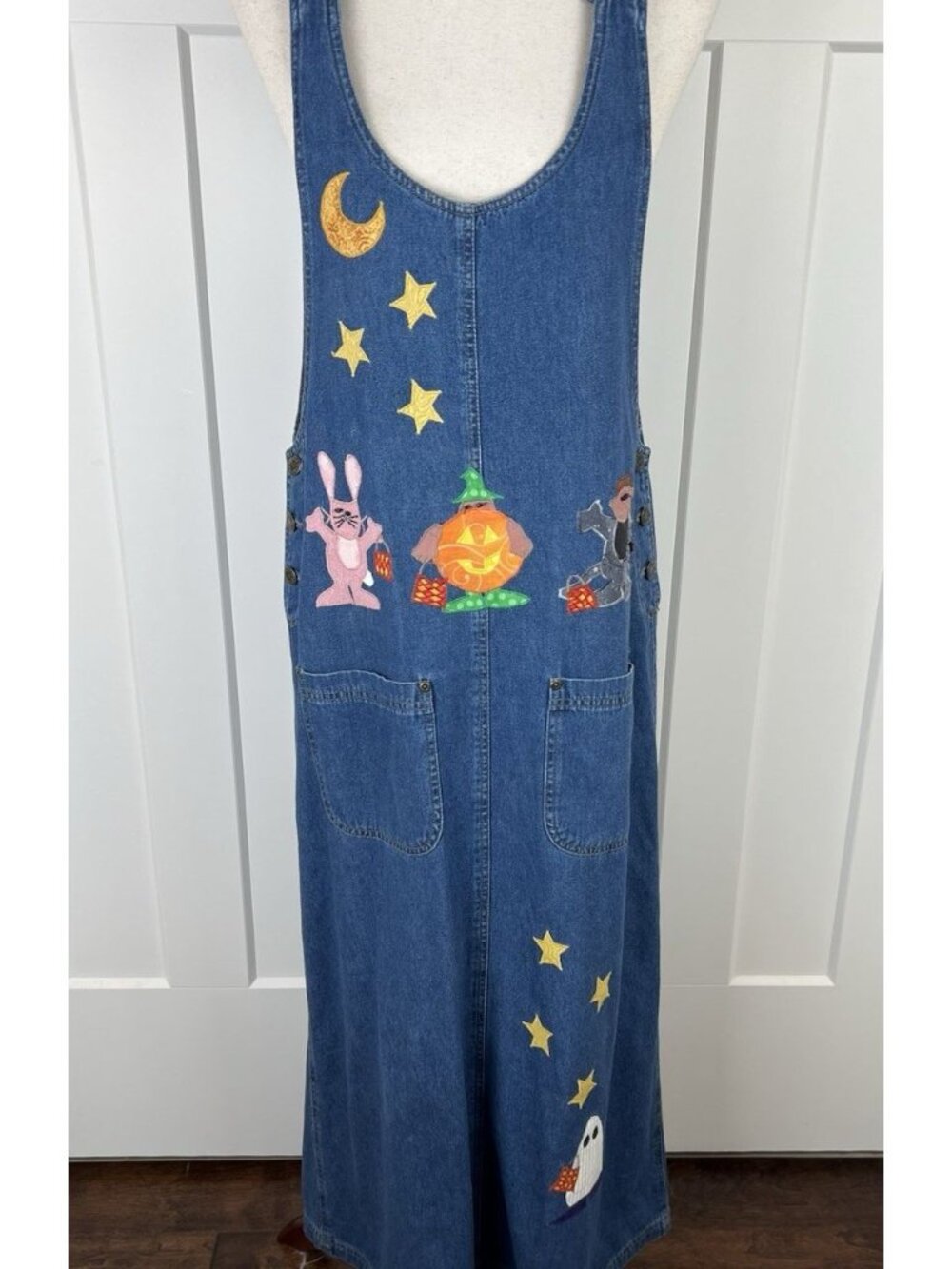 Vintage Haiks Halloween Denim Jumper Dress M Handmade Applique Ghost Pumpkin Cat